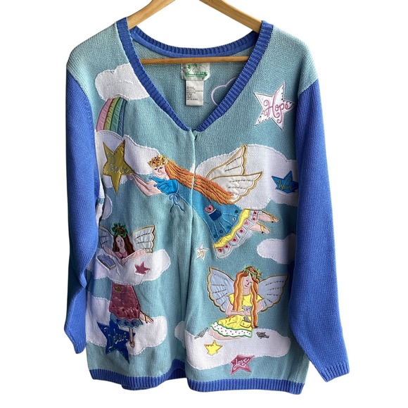 The Quacker Factory Angel Clouds Rainbow Cardigan Sweater 1X Cute - Picture 1 of 16